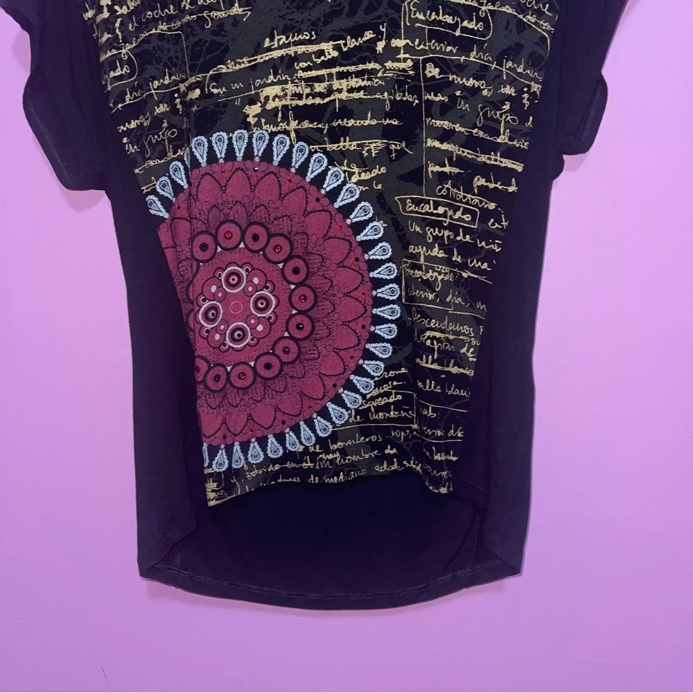 Desigual Blouse Black Short Sleeve Women’s Small Mandala Print Rhinestones - Picture 4 of 8